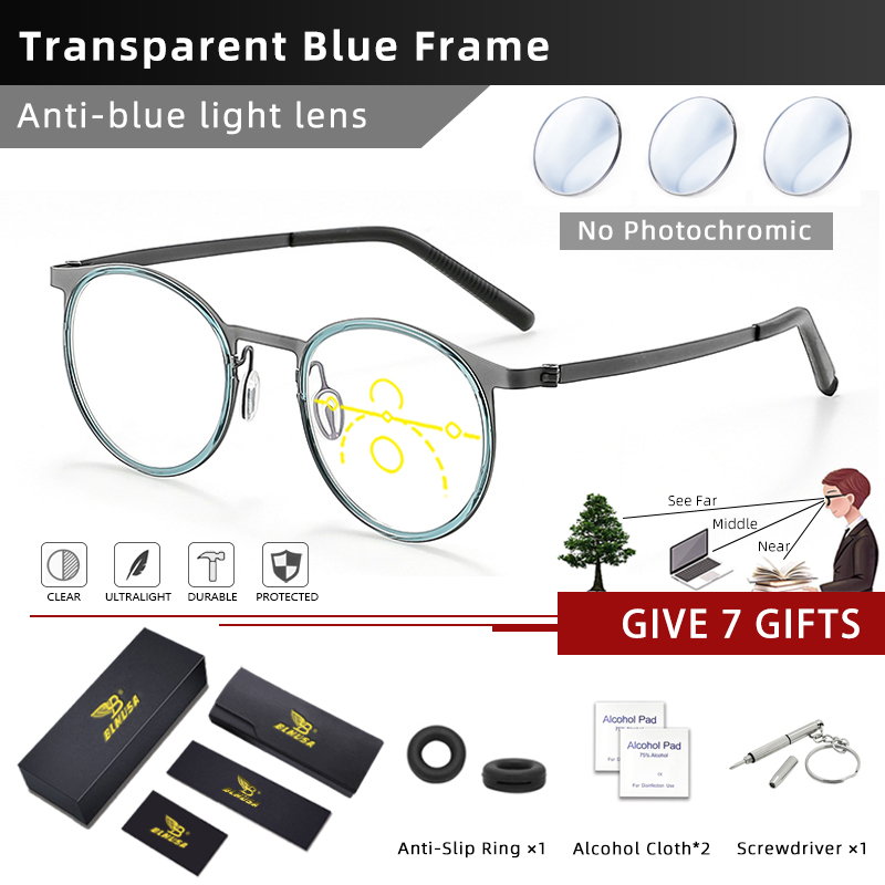 BLMUSA Vintage Round Optical Frame Anti Blue Light Reading Glasses for Men Ultralight Titanium Progressive Photochromic Glasses