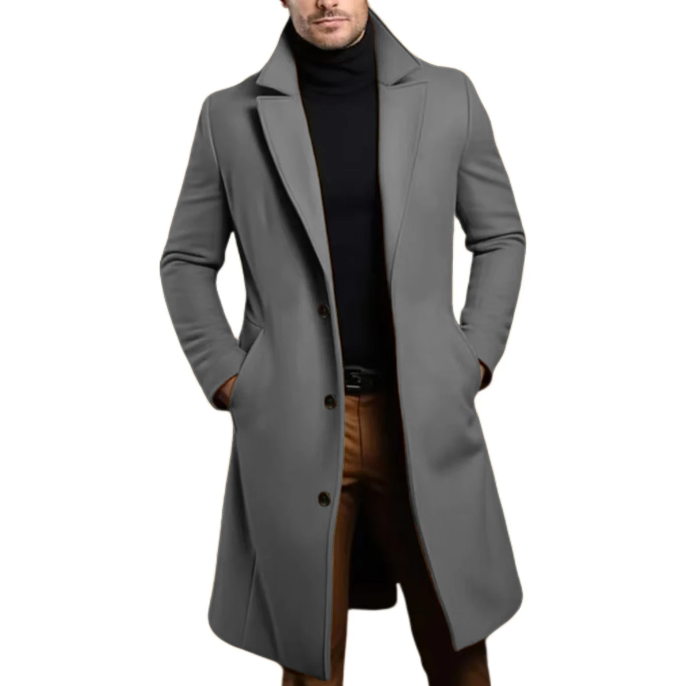 Warm and Comfortable B Trench Coat for Men，Stand Collar, Notch Lapels，Customize，Three Buckles，Double Placket，for Daily Life