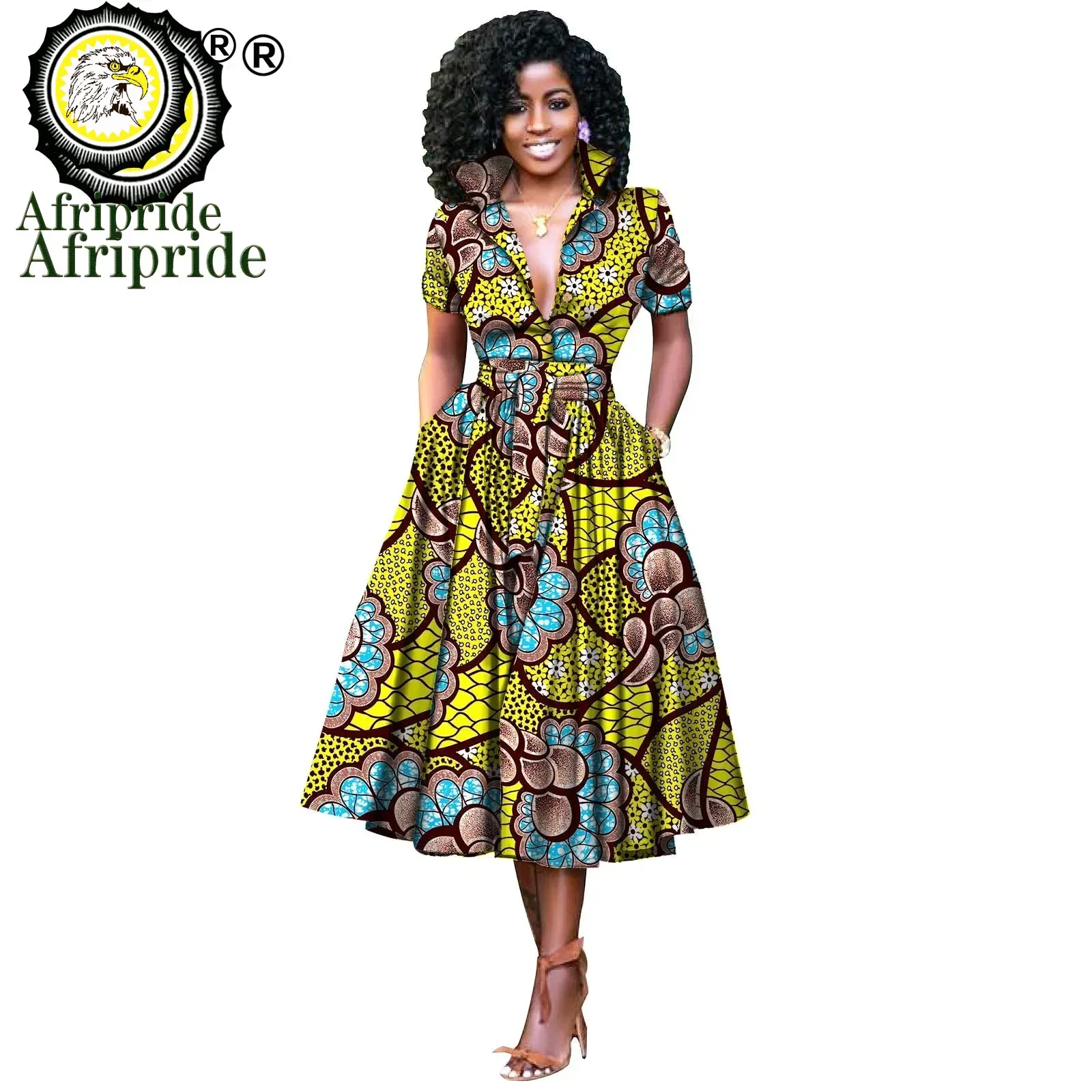 African Dresses for Women Short Sleeve V-neck High Waist Ankara Fabric Print Formal Dress Pure Cotton Bazin Riche Dress S2025072