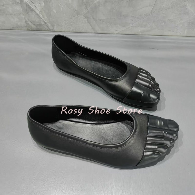 Peculiar Five Toe Design Black Apricot Leather Shallow Mouth Women's Casual Shoes Spring Autumn Flat Slip On Street Style Shoes