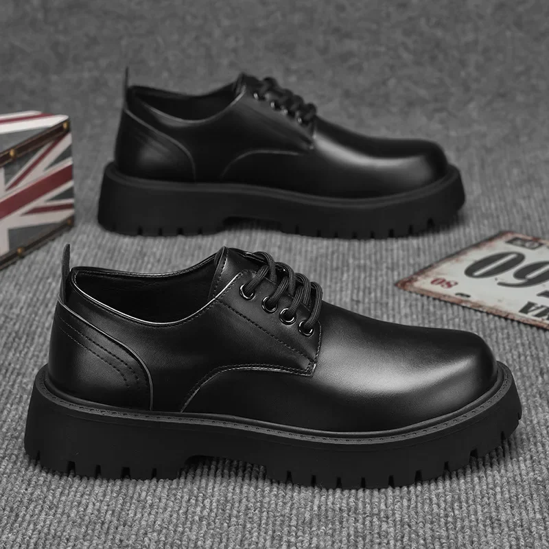Men's Derby Shoes Business Casual Thick Bottom Large Head Trendy Shoes New Model Heightening Leather Shoes round Toe Rubber Sole