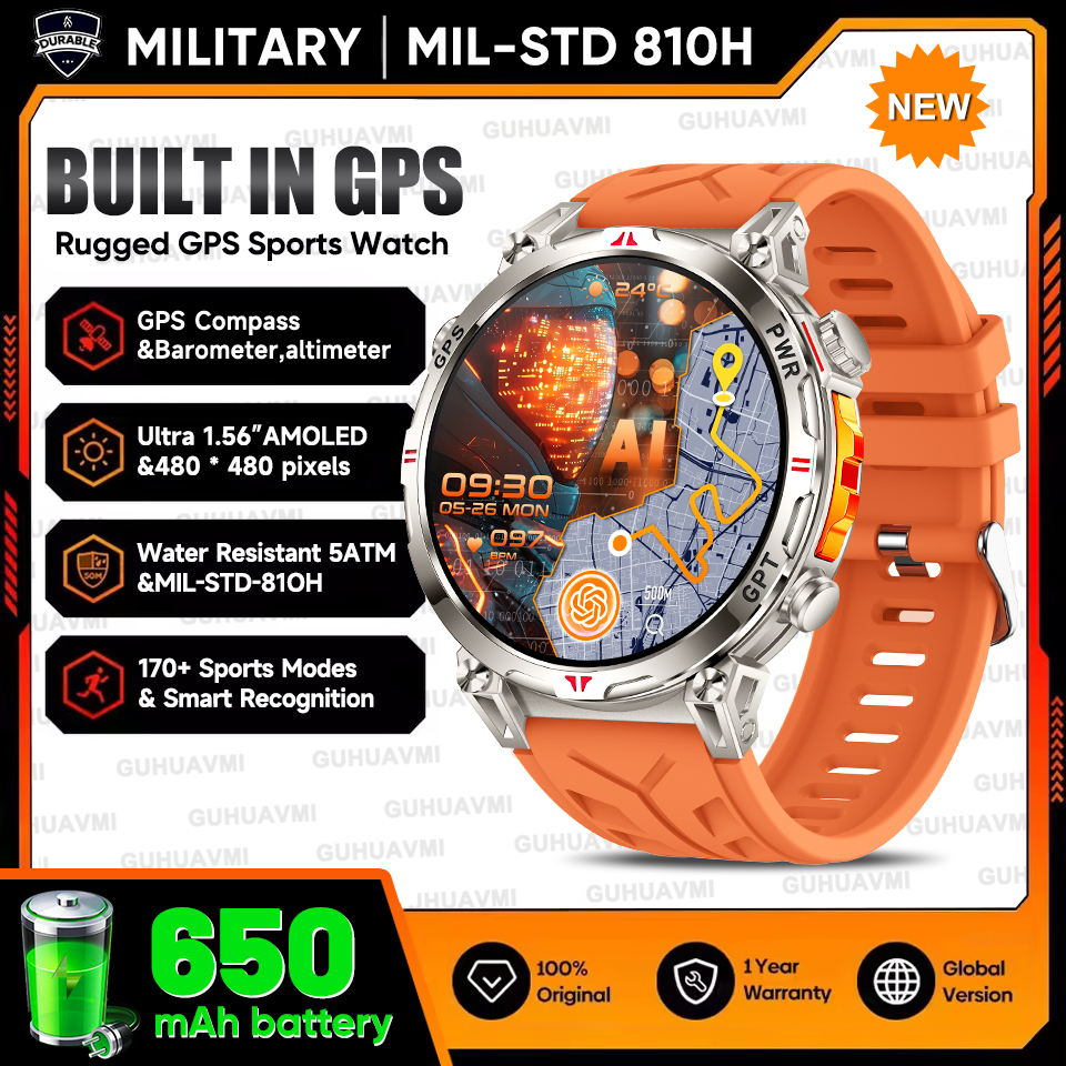 2025 New Military T-Rex3 GPS Smart Watch 5ATM Waterproof 650mAh Battery Heart Rate Compass AI GPT Sports tracker Smartwatch Men