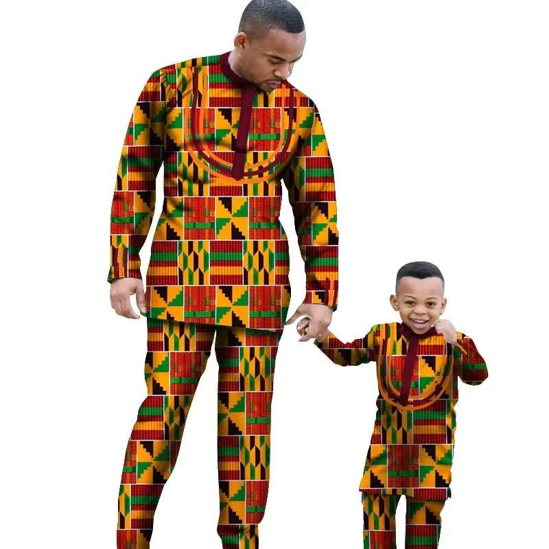 African Parent-child Clothing Long Sleeve Slim Fits Dashiki Outfits for Father Boys Fashion Men African Clothes Sets Wyq340