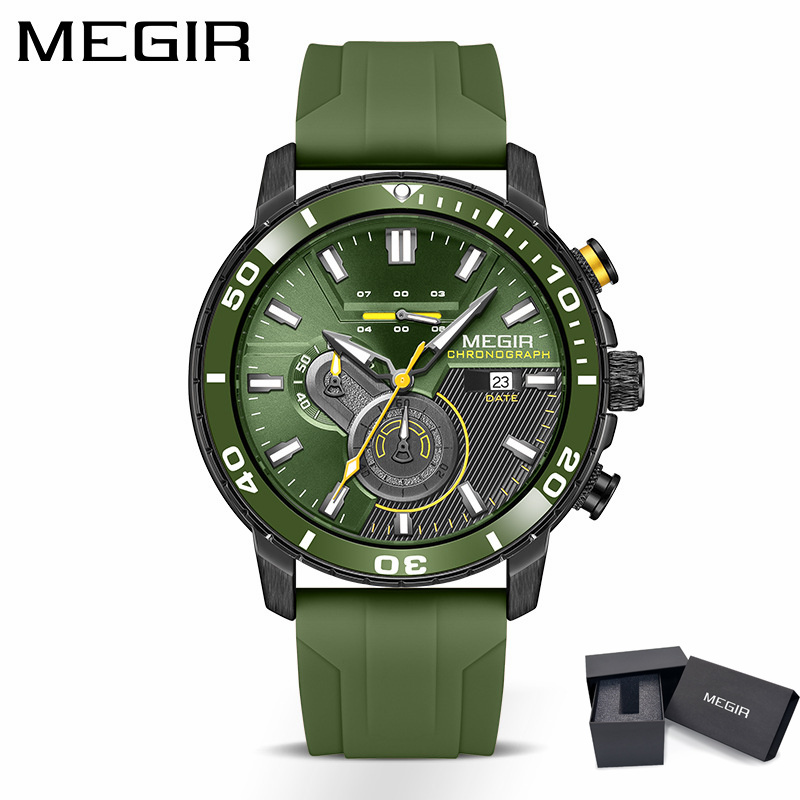 MEGIR 2224 Men's Quartz Watch Sport Fashion Creative Waterproof Silicone Strap Chronograph Night Light Date Watches for Man