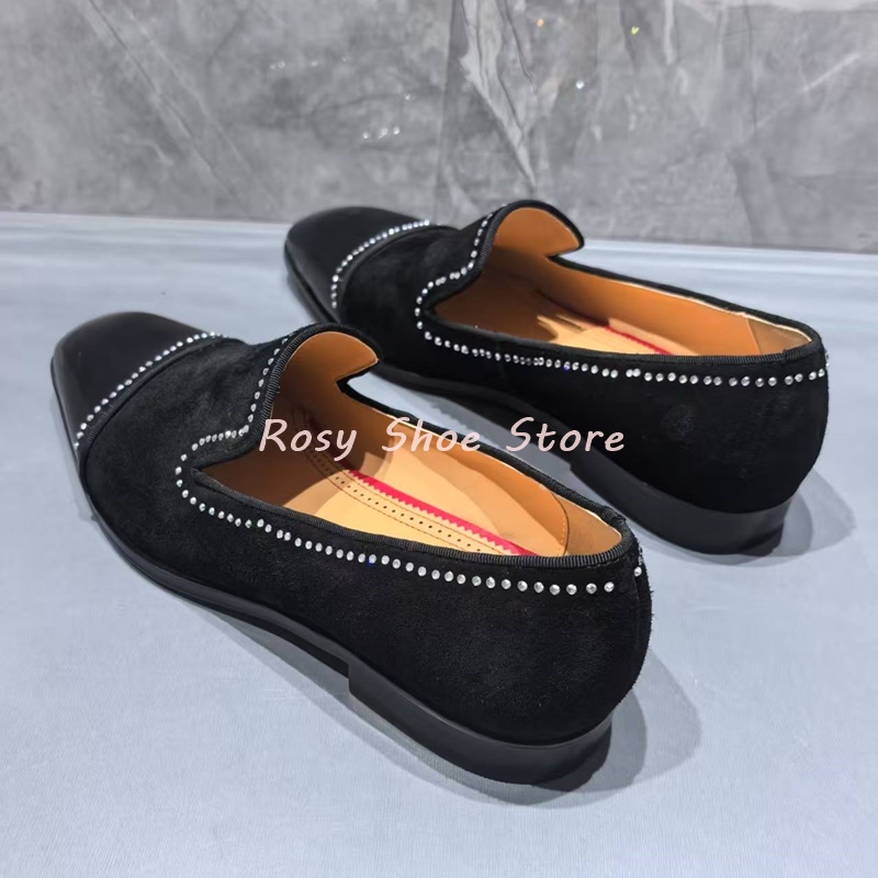 Men's Black Patent Suede Splicing Diamond Embellished Loafers Trendy Men's Formal Leather Shoe Casual Business Shoe Wedding Shoe