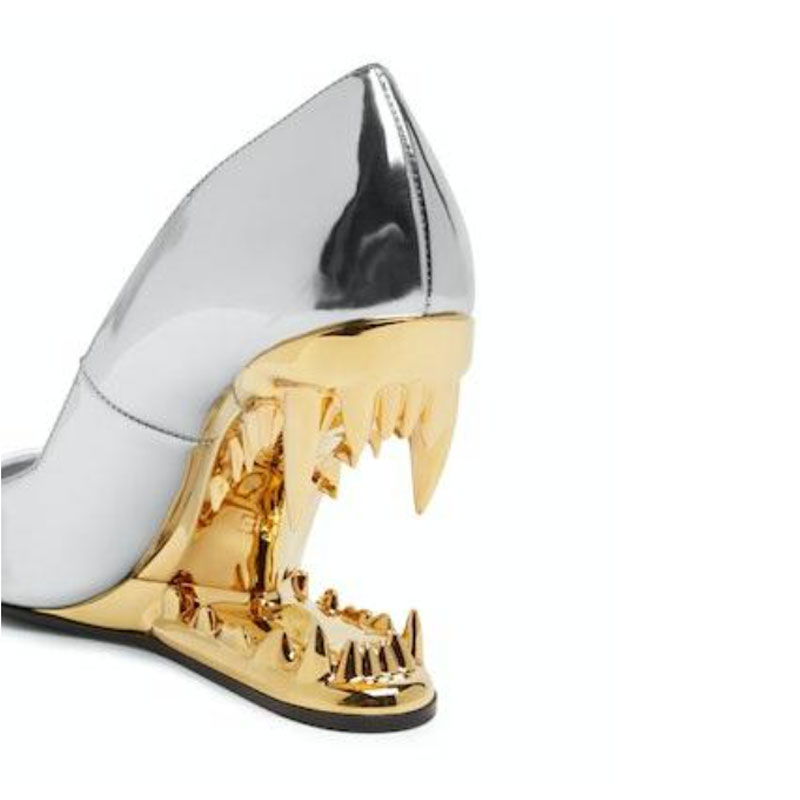 Women's New Pointed Shallow Mouth Metal Fabric Tiger Teeth Slope Heel Shoes Large 43