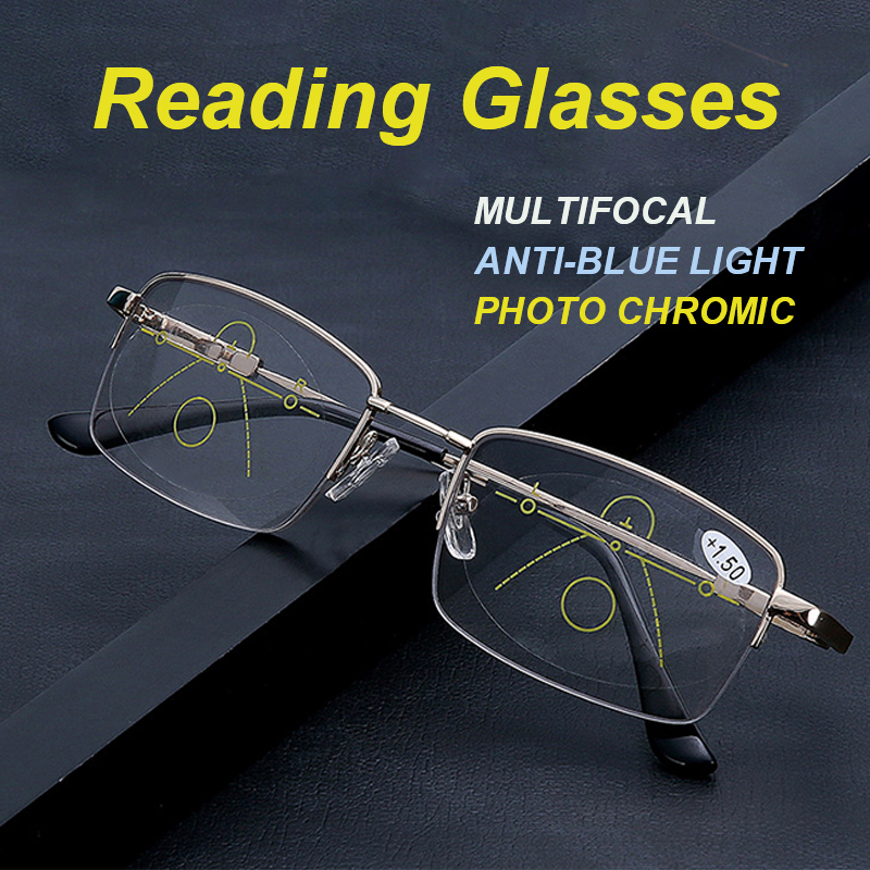 Progressive Multifocus Reading Glasses Blue Light Blocking Titanium Anti-fatigue Full frame Multifocal Readers Eyeglasses 1.0to4