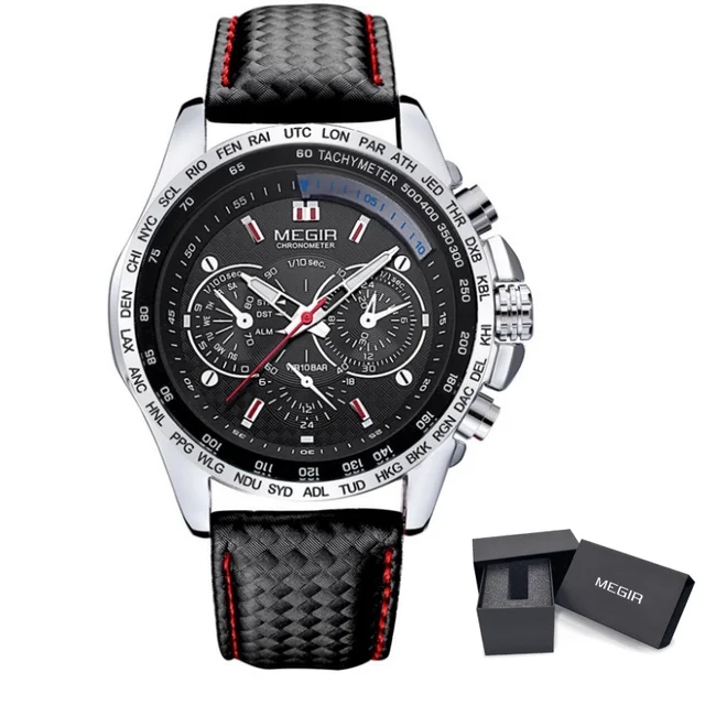 MEGIR 1010 Men's Quartz Watches Original Fashion Creative Clock Leather Strap Strap Analog Display Wrist Watches for Male Gift