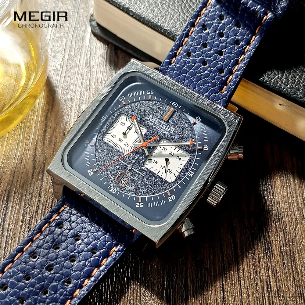 MEGIR 2182 Square Dial Men's Quartz Watch Fashion and Elegant Business Date Chronograph Blue Black Leather Strap Watch reloj