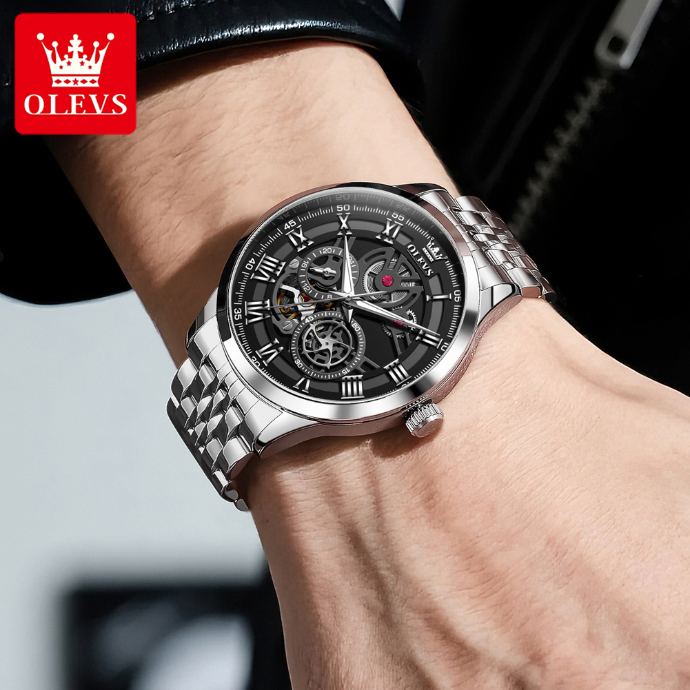 OLEVS Original Skeleton Mechanical Roman Numeral Watch Automatic Luxury Watch Stainless Steel Watches For Men Waterproof 7076