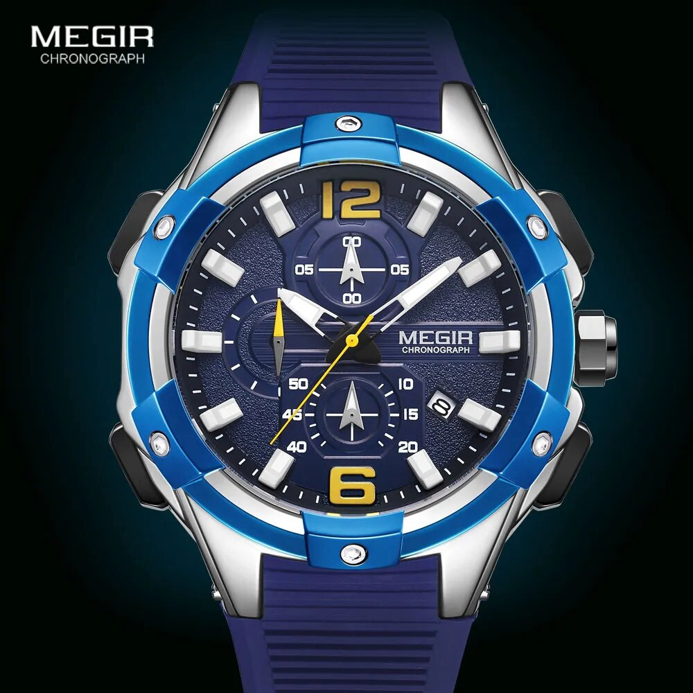 MEGIR Military Sports Watches Men 2020 Fashion Luxury Chronograph Quartz Watch Blue Silicone Strap Wristwatch Man часы мужские