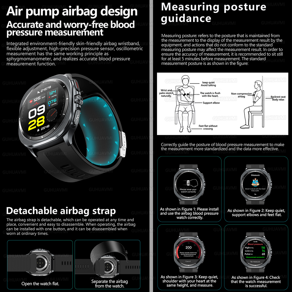 2025 New Health Nursing Accurate Measure Blood pressure Smart Watch With Air pump airbag Blood lipids Uric acid Smartwatch Men