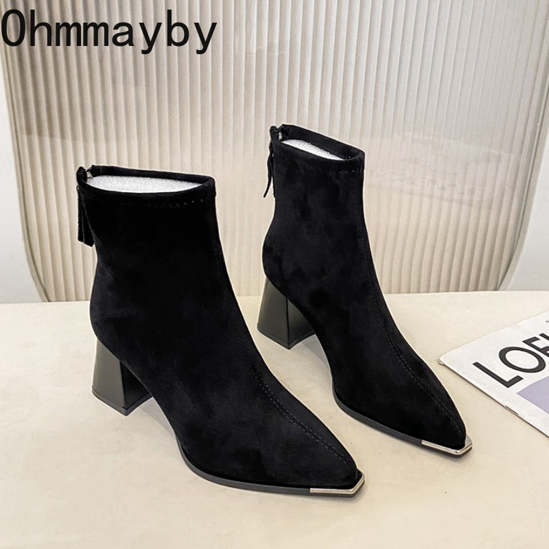 Winter Women Thick Heel Ankle Boots Fashion Pointed Toe Mordern Short Booties Street Style Party Stripper Female Shoes