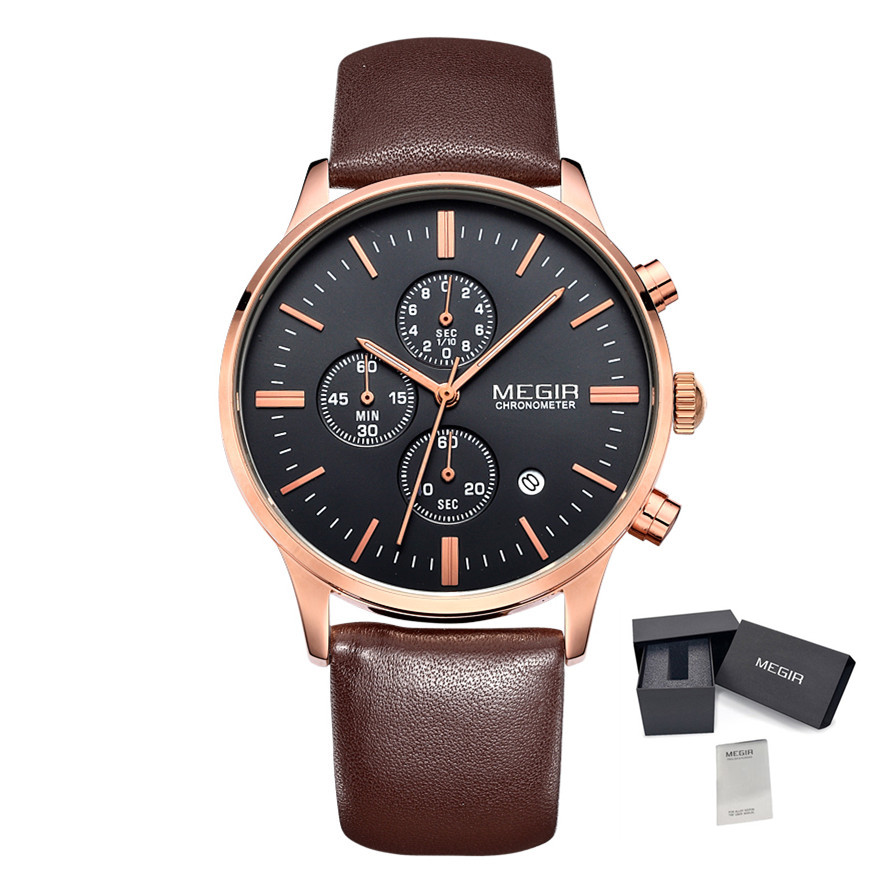 MEGIR 2011 Classic Men Quartz Watch Leather Strap Calendar Chronograph Luminous Waterproof Business Luxury Watches