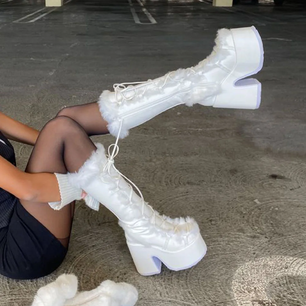 2024 Winter Big Size 43 y2k White Punk Style Women's Faux Fur Chunky Platform Boots Gothic Black Block High Heels Shoes