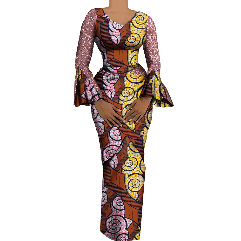 Women African Outfits 2 Pieces Set Shiny Flare Sleeves V Neck Tops and Long Pencil Skirts African Clothes for Women WY9972