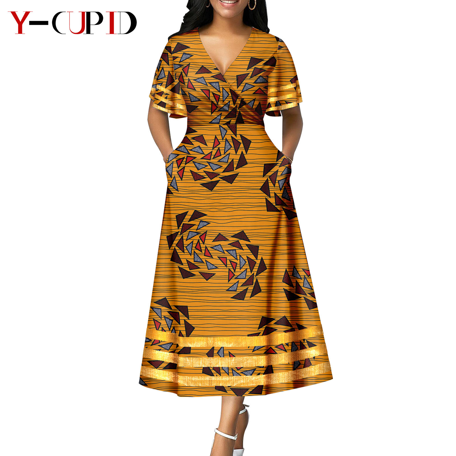 African Print V-neck Dresses for Women Couple Matching Men Outfits Top and Pant Sets Dashiki Bazin Riche Lover Outwear Y23C086
