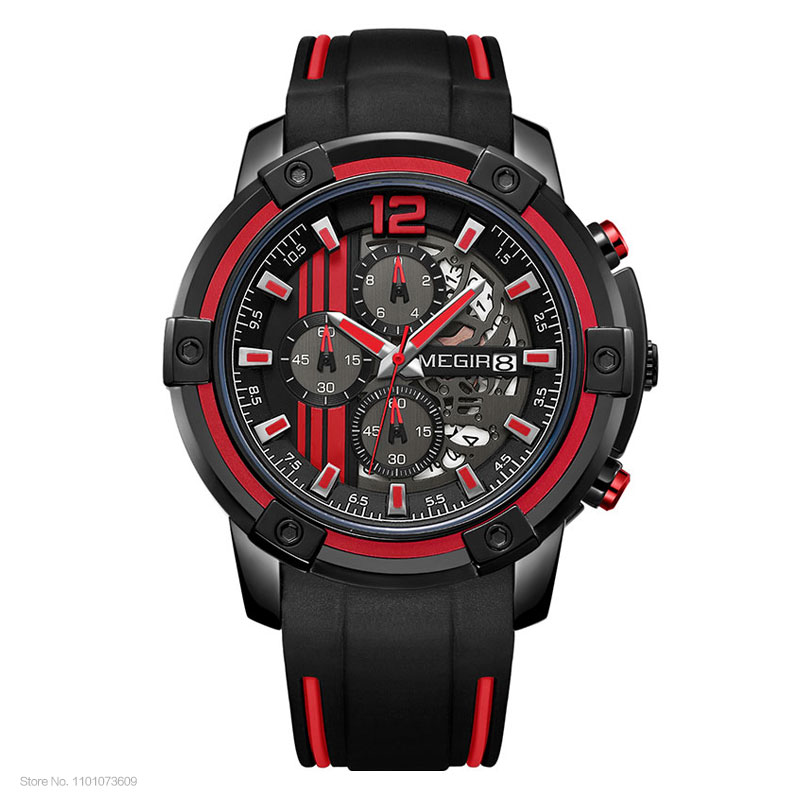 Megir Men's Sports Quartz Watches Army Military Chronograph Wristwatch for Man Luminous Relogios Masculino Clock  2097 Black Red