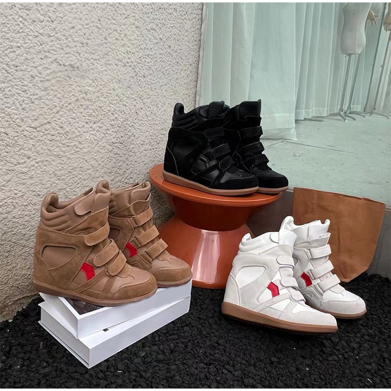 Brand Leather Wedge Sneakers Hook Loop Fastener Hiking Boots Women Thick Sole Platform Height Increasing Shoes Ankle Short Boots