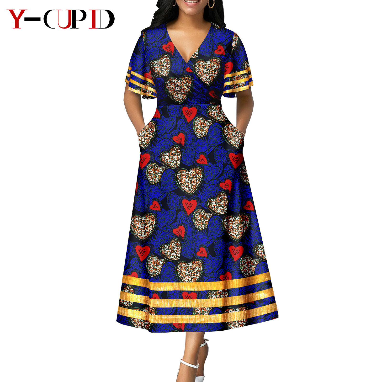 African Print V-neck Dresses for Women Couple Matching Men Outfits Top and Pant Sets Dashiki Bazin Riche Lover Outwear Y23C086