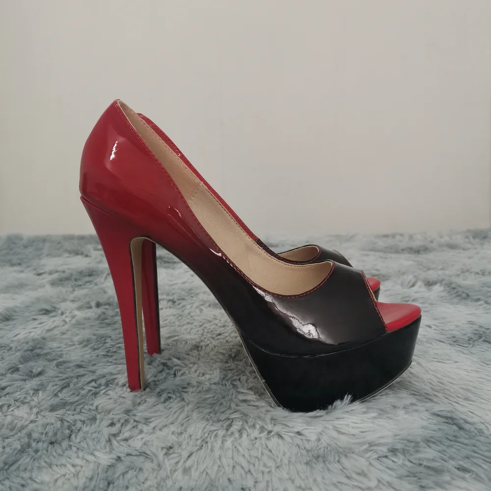 2025 New Women Pumps Sexy Platform Peep Toe 14cm Extremely High Heels Stiletto Patent Leather Party Nighclub Red Wedding Shoes