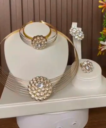 Golden Multi-Strand Choker & Crystal Medallion Jewelry Set