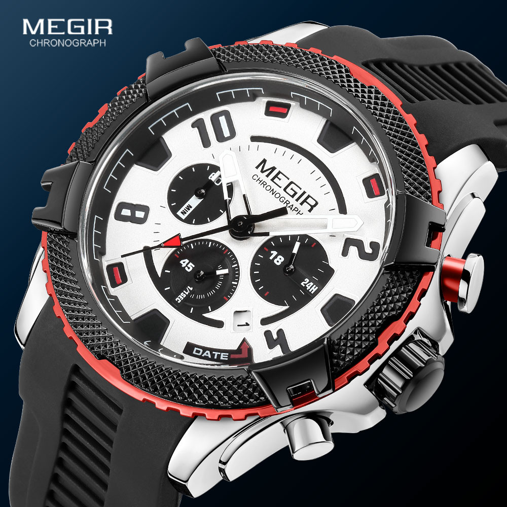 MEGIR Men's Watches with Calendar Chronograph Fashion Waterproof Sport Quartz Wristwatch With Auto Date 24-hour Indicator Red