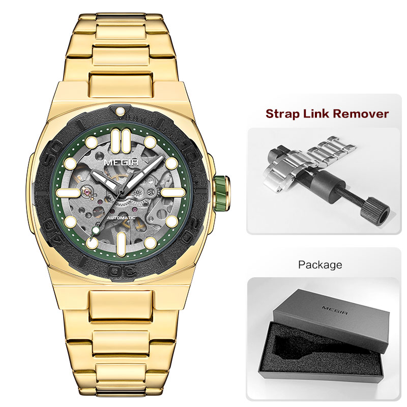 MEGIR Business Style Watch for Men Fashion Automatic Mechanical Wristwatch with Transparent Skeleton Dial & Stainless Steel Band