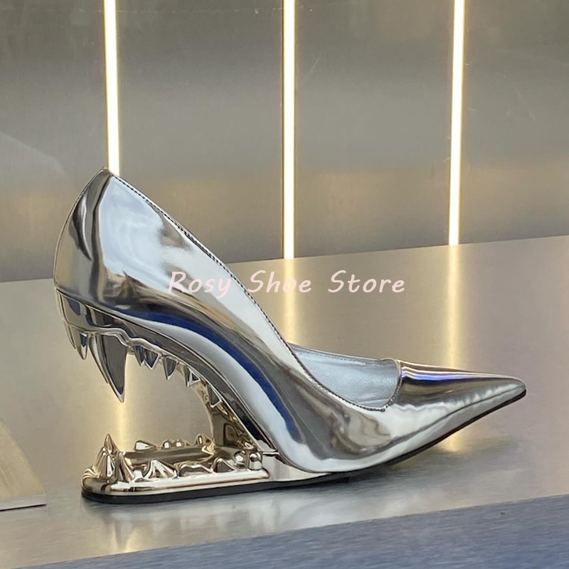 Women's Glossy Patent Leather Strange Style Heel Pumps Pointed Toe Slip On High Heel Street Weird Style Catwalk Shoes