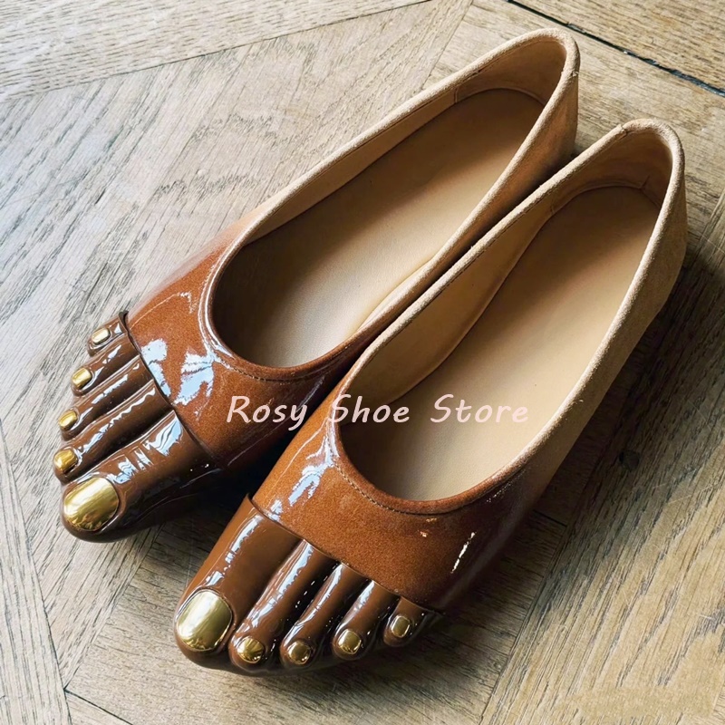 Peculiar Five Toe Design Black Apricot Leather Shallow Mouth Women's Casual Shoes Spring Autumn Flat Slip On Street Style Shoes