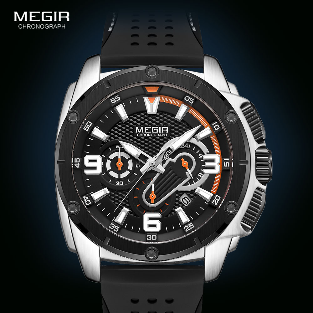 MEGIR Men's Chronograph Quartz Watches 2020 Luxury Top Brand Military Sport Wristwatch Silicone Strap Waterproof Watches Men