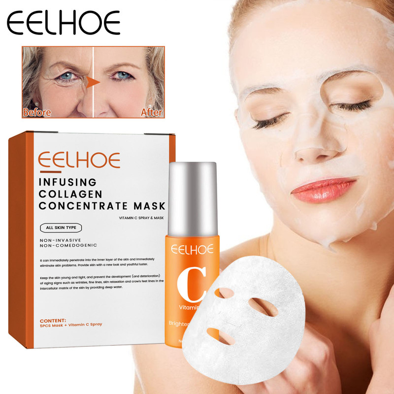 Collagen Anti Wrinkle Face Mask & Spray Kit Vitamin C Whitening Brighten Fade Dark Spot Mist Anti-Aging Eyes Mask Firm Skin Care