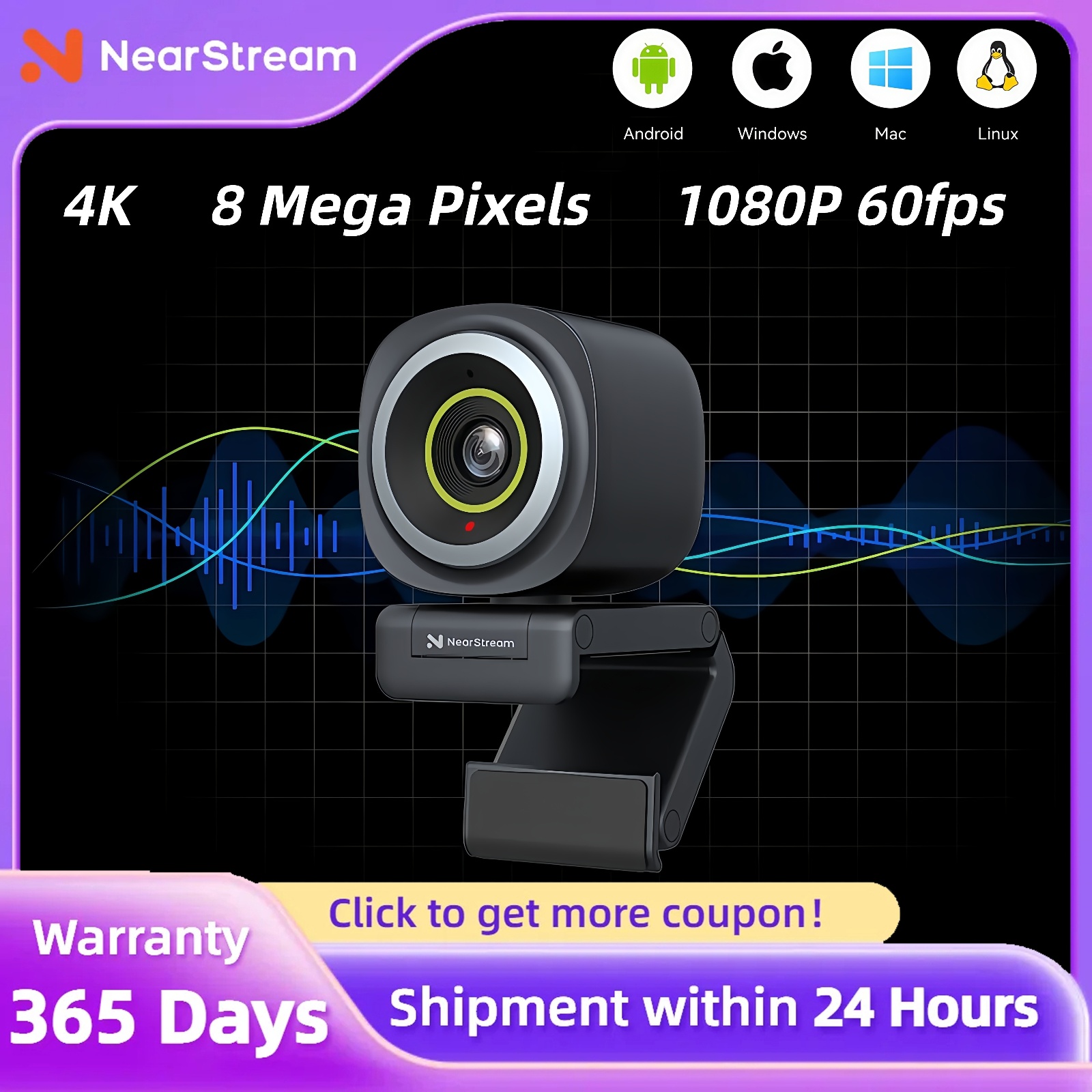Nearstream 4K Webcam HDR 1080P@60FPS Noise Canceling Mic 45°-95°Adjustable FOV Auto Focus AI Framing for PC