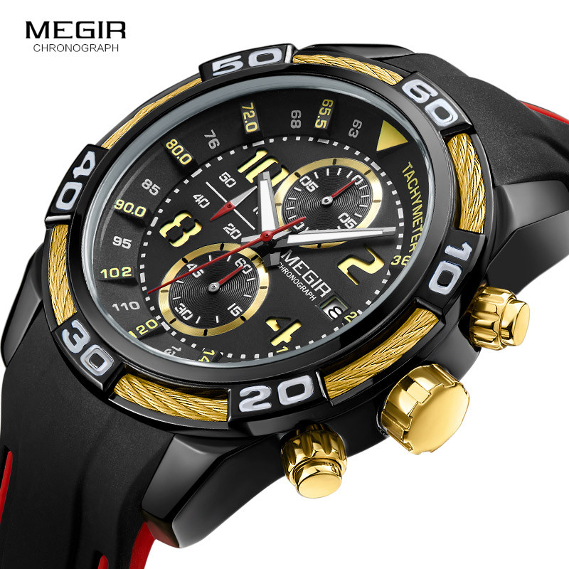 Megir Men's Sports Chronograph Quartz Wrist Watches Waterproof Silicone Army Racing Luminous Clock Relojios Masculinos 2045-1N3