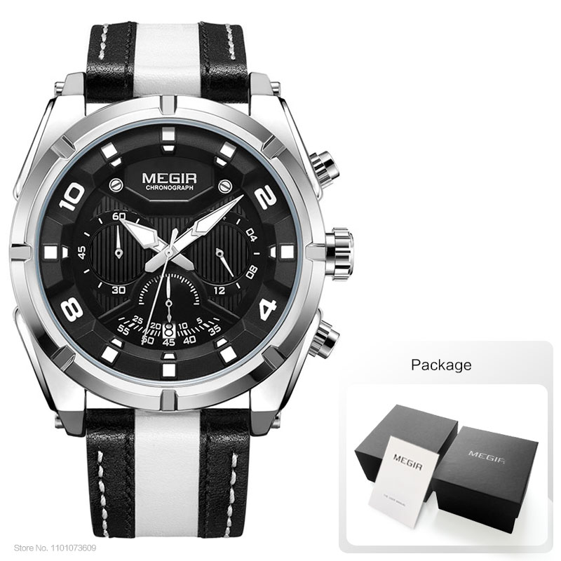 MEGIR Fashion Men's Chronograph Quartz Watches Leather Strap Luminous Hands 24-hour Sports Analogue Wristwatch for Man 2076White