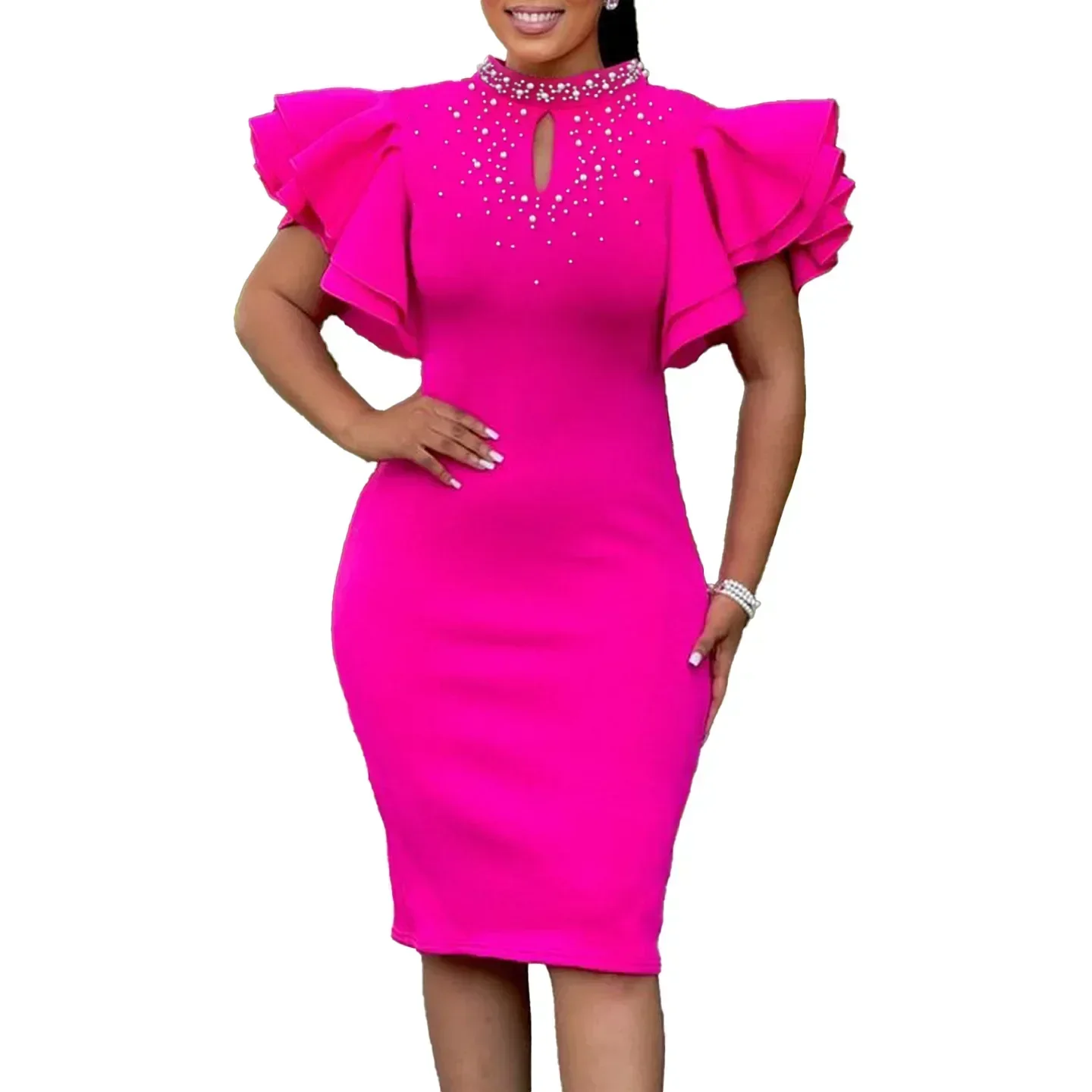 Elegant Women Party Evening Dresses Ruffle Sleeve Bodycon Midi Robe Office Ladies Overalls African Dashiki Ankara Clothing 2025