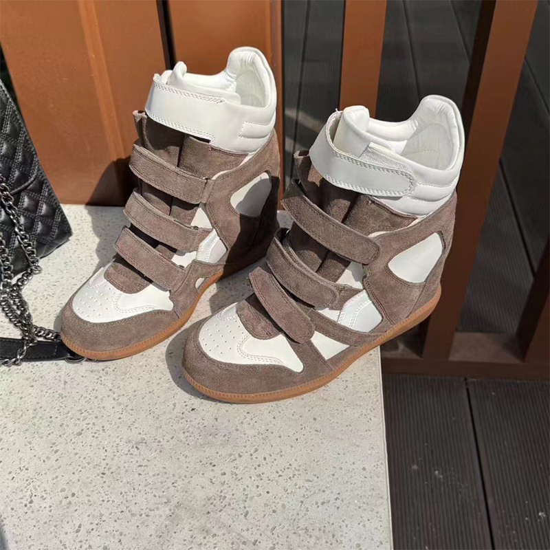 Brand Leather Wedge Sneakers Hook Loop Fastener Hiking Boots Women Thick Sole Platform Height Increasing Shoes Ankle Short Boots