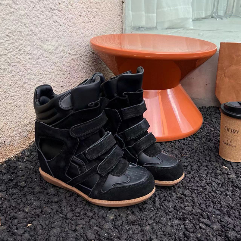 Brand Leather Wedge Sneakers Hook Loop Fastener Hiking Boots Women Thick Sole Platform Height Increasing Shoes Ankle Short Boots
