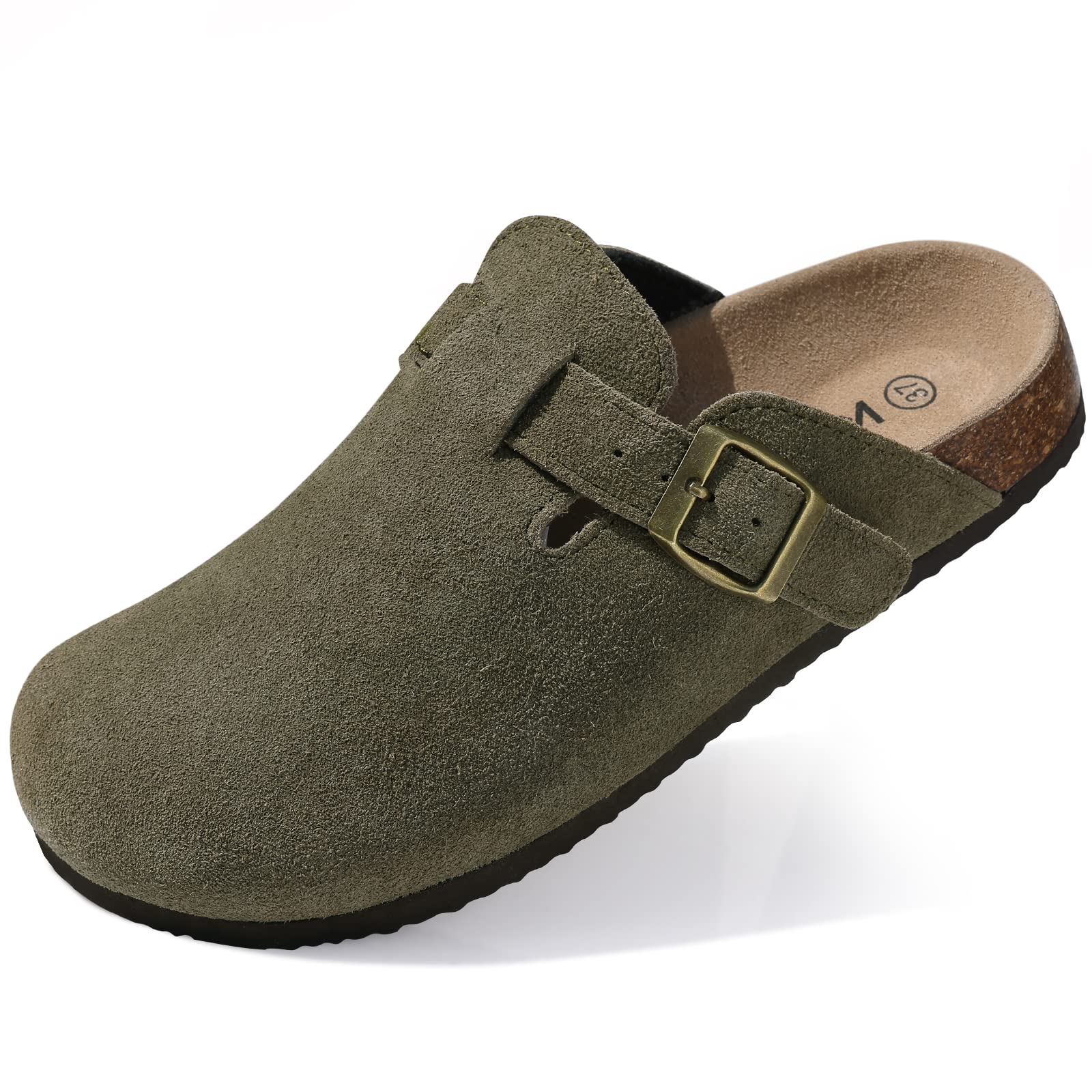 Kidmi New Genuine Suede Clogs for Women Men Clogs Soft Cork Footbed Mules Comfort Potato Shoes with Arch Support Beach Sandals