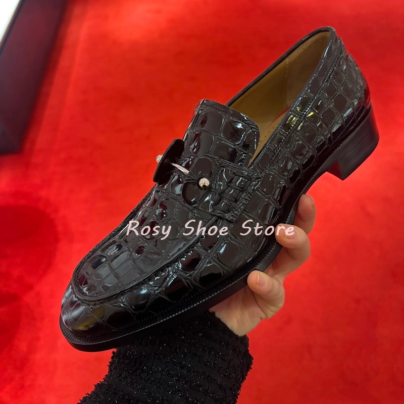 Men's Black Exquisite Crocodile Embossed Leather Shoes Fashion Silver Jewelry Embellishment Slip On Square Heel Business Shoes