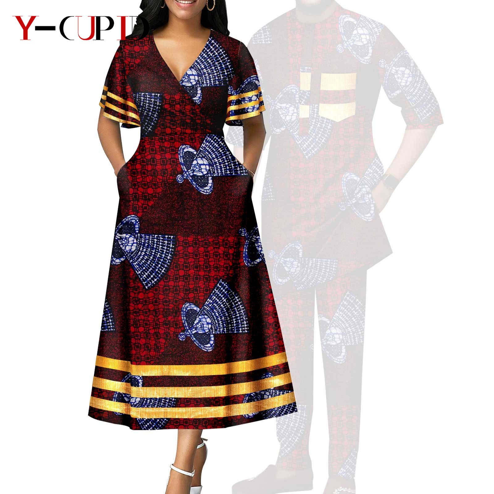 African Print V-neck Dresses for Women Couple Matching Men Outfits Top and Pant Sets Dashiki Bazin Riche Lover Outwear Y23C086