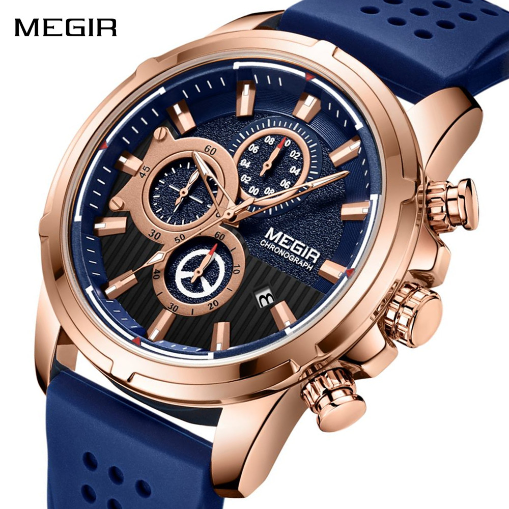 MEGIR Men Watch Silicone Strap Quartz Chronograph Wristwatch Fashion Men's Sport Watches Waterproof Calendar Reloj Hombre 2101