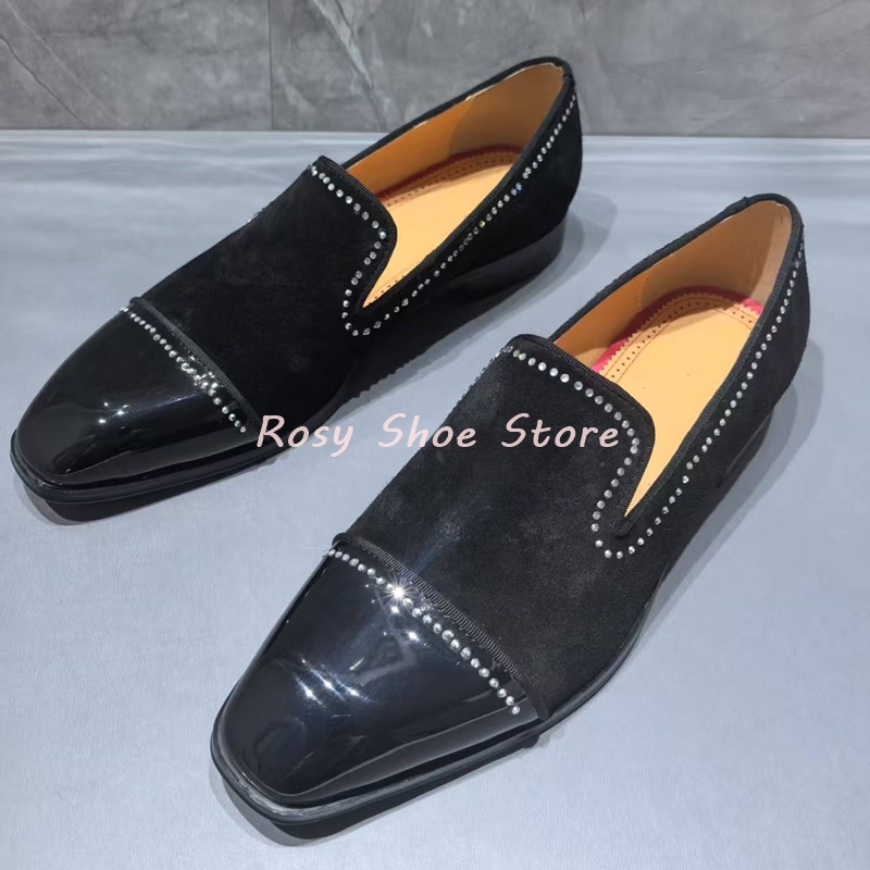 Men's Black Patent Suede Splicing Diamond Embellished Loafers Trendy Men's Formal Leather Shoe Casual Business Shoe Wedding Shoe