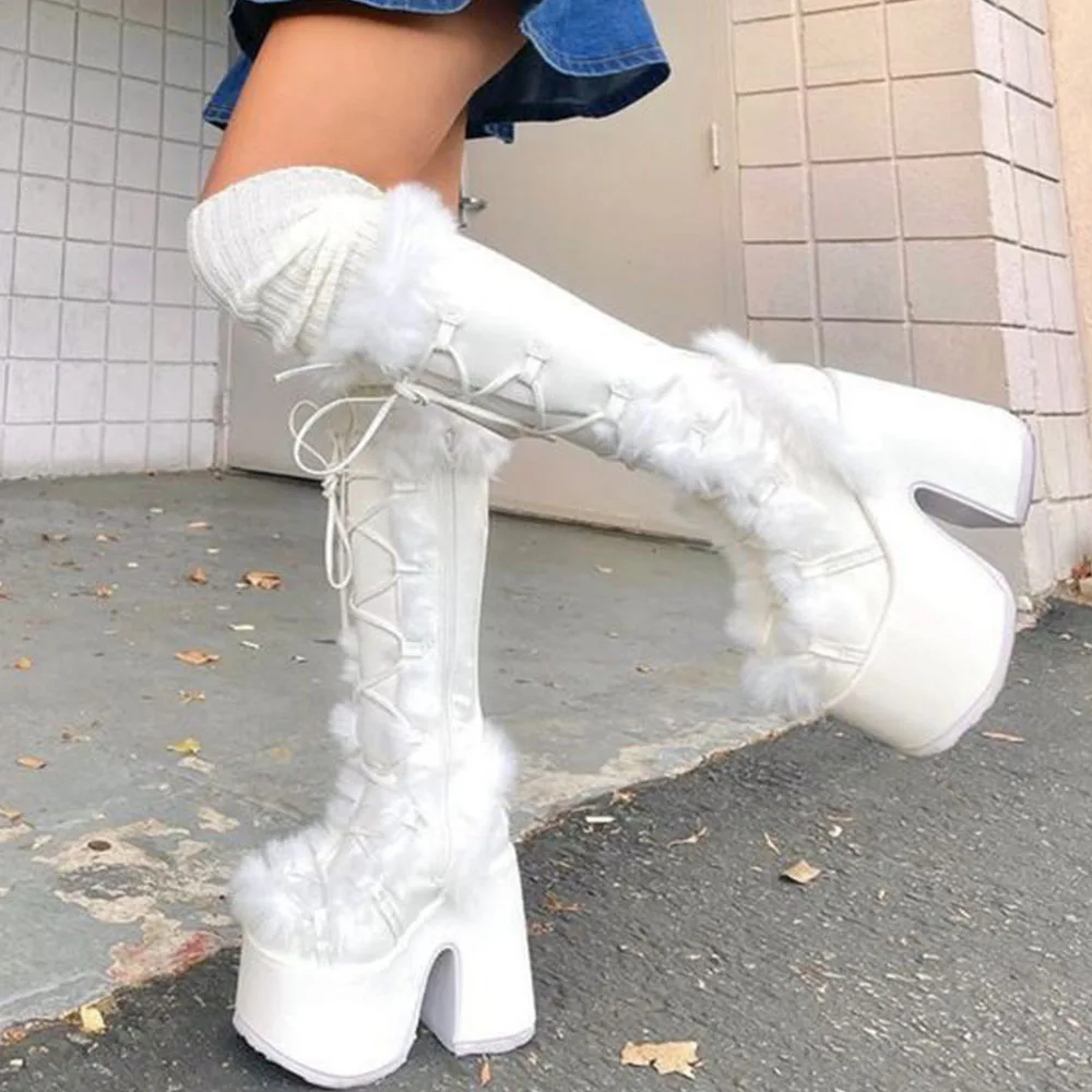 2024 Winter Big Size 43 y2k White Punk Style Women's Faux Fur Chunky Platform Boots Gothic Black Block High Heels Shoes