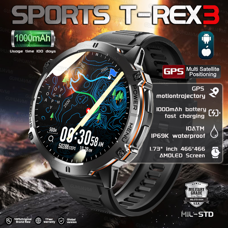 2025New T-Rex 3 GPS SmartWatch 1000mAh Battery AMOLED HD Men 10ATM&IP69K Waterproof Outdoor Fitness Military Call smart bracelet