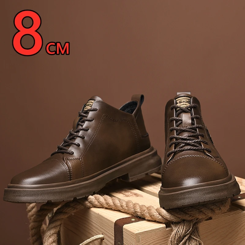Men Genuine Leather Heightening Shoes Comfort Lace Up Casual Elevator Shoes Commerce Breathable Height Increase Insole 8CM Sport