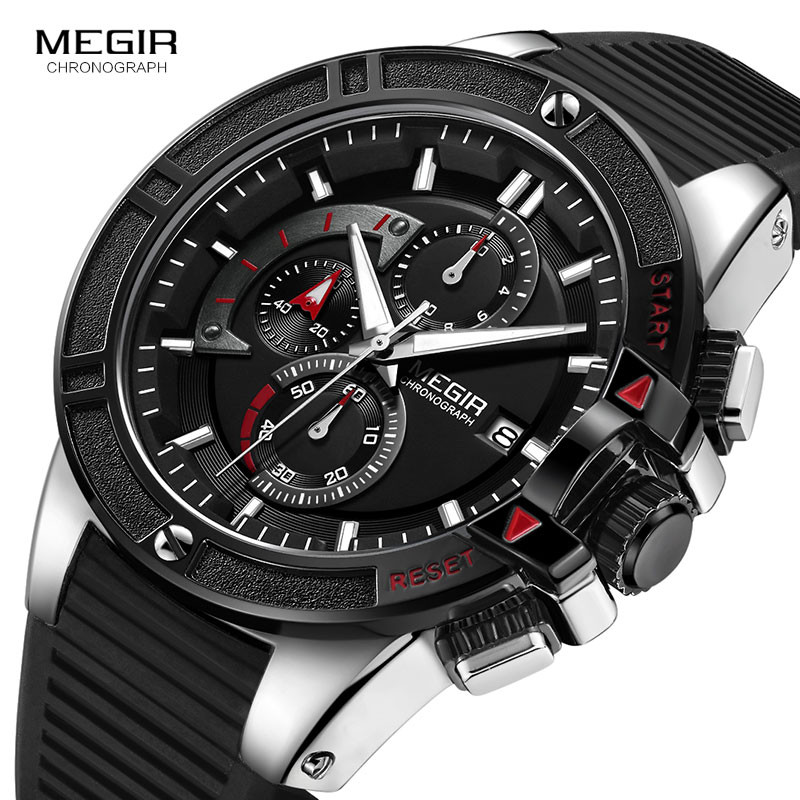 MEGIR Men's Military Sport Chronograph Watches Silicone Army Quartz Wristwatch Relogios Masculino Top Brand 2095 Silver Black