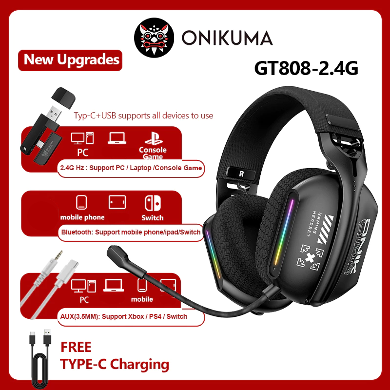 ONIKUMA GT808 Wireless Headset 2.4GHz Wireless Muffler Headset for PS5 PS4 PC Mac Gaming Headphones with RGB microphone
