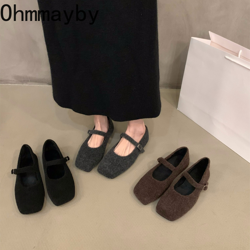 Autumn Woolen Fur Women Cotton Flats Shoes Concise Outdoor Soft Sole Shoes Ladies Comfort Square Toe Warm Mary Jane Shoes