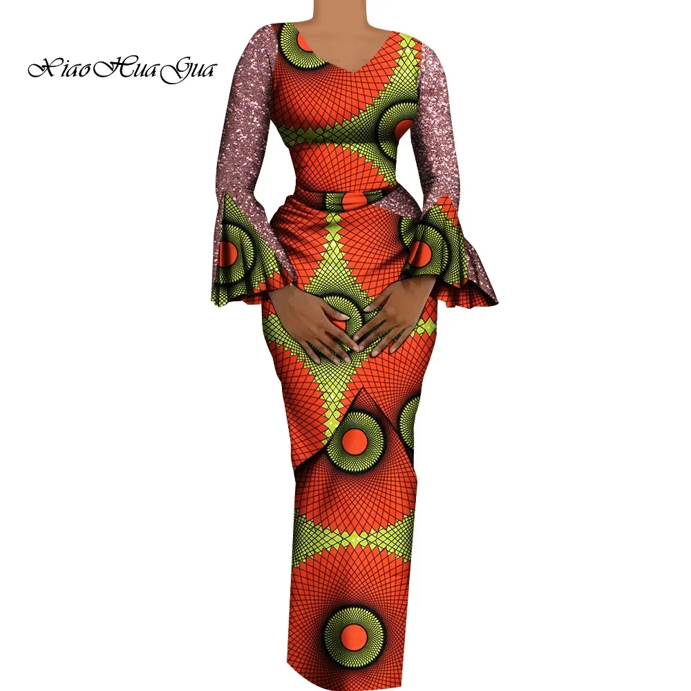 Women African Outfits 2 Pieces Set Shiny Flare Sleeves V Neck Tops and Long Pencil Skirts African Clothes for Women WY9972